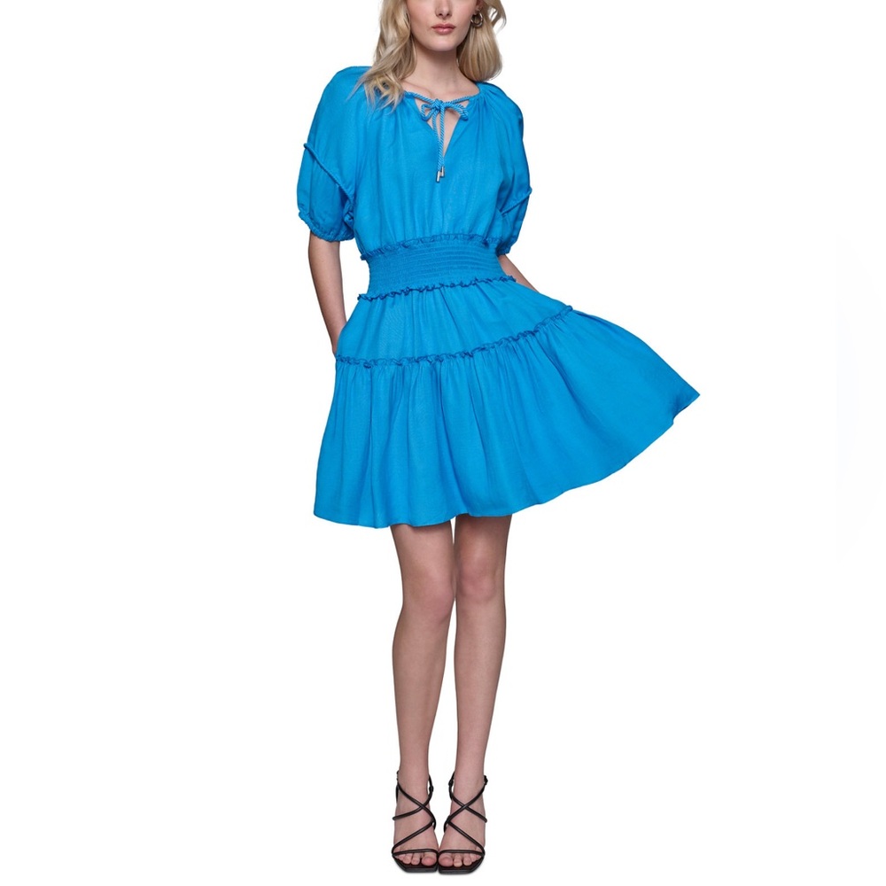 Karl Lagerfeld Blue Tie Neck Smock-Waist Dress | Size 14 | NWT